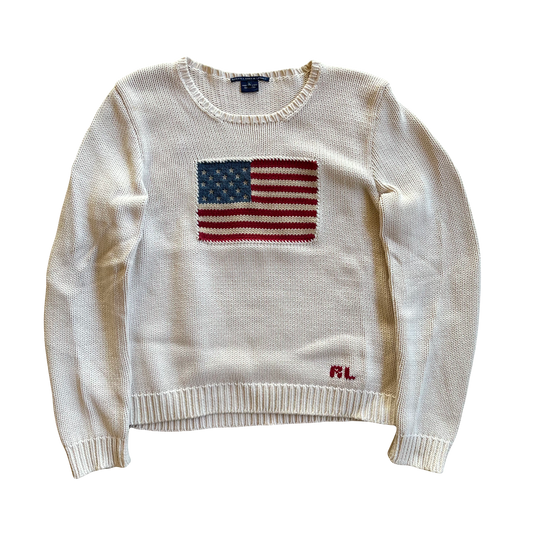 Vintage 1990s USA Flag Ralph Lauren Sport Beige Knitted Sweater